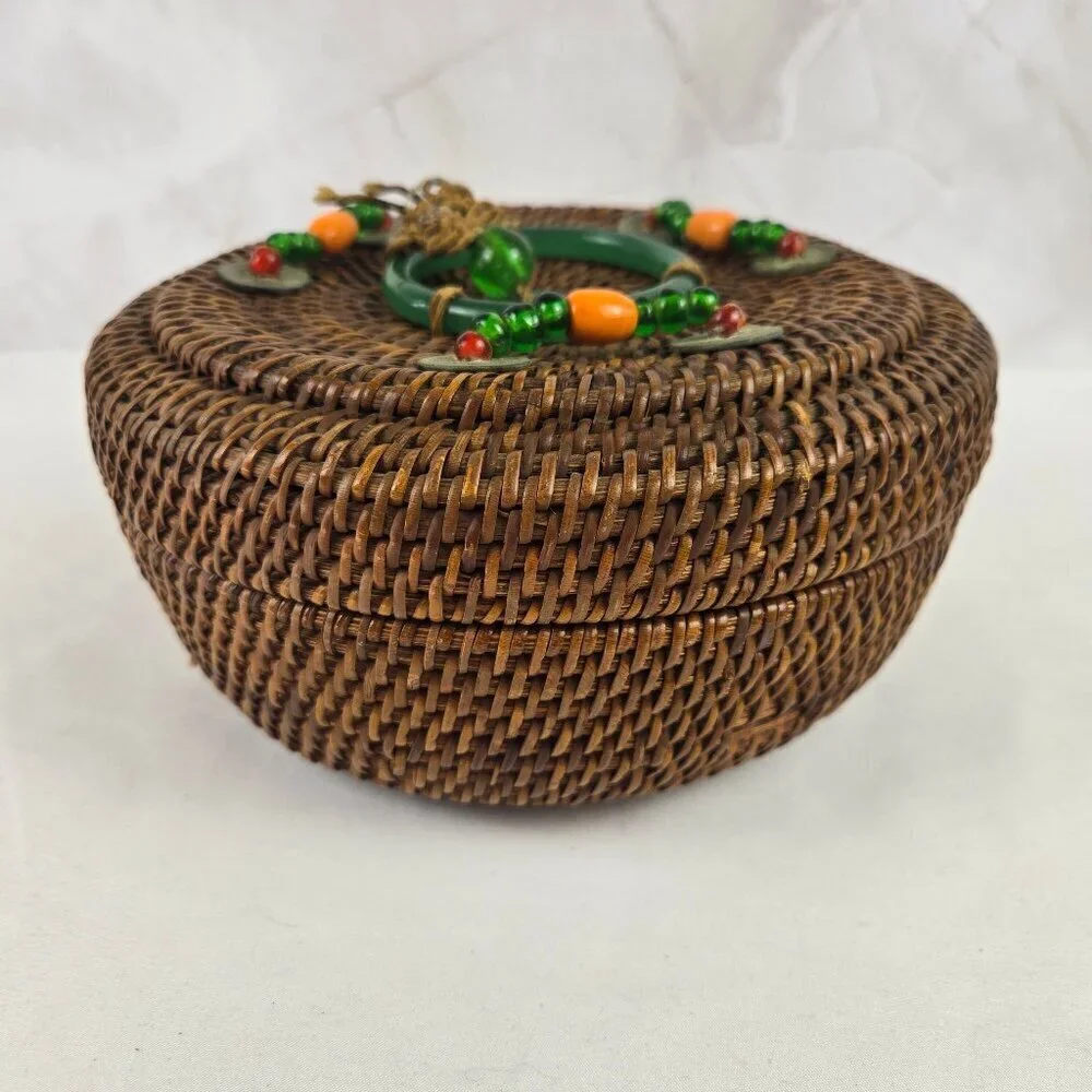 Vintage Chinese Sewing Basket Brown Handmade Round Wicker Glass Bead Accents
